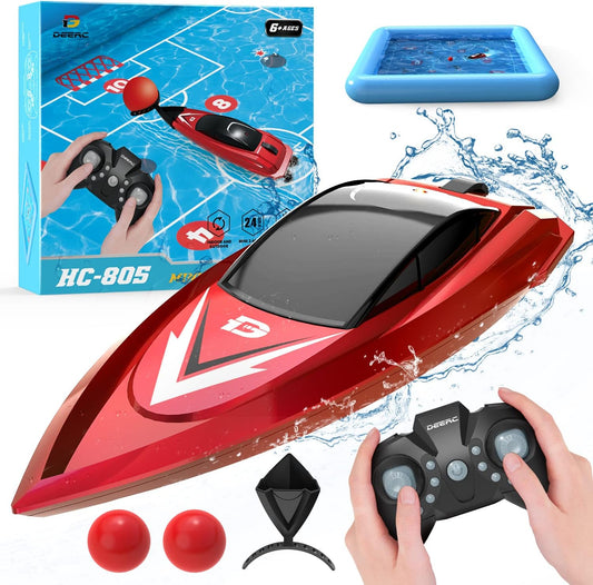 DEERC RC Boat with Inflatable Pool for Kids, 2.4GHz Racing Boats