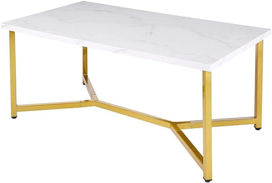 Life Concept Marble Gold Mid Century Modern Rectangle Coffee Table, White