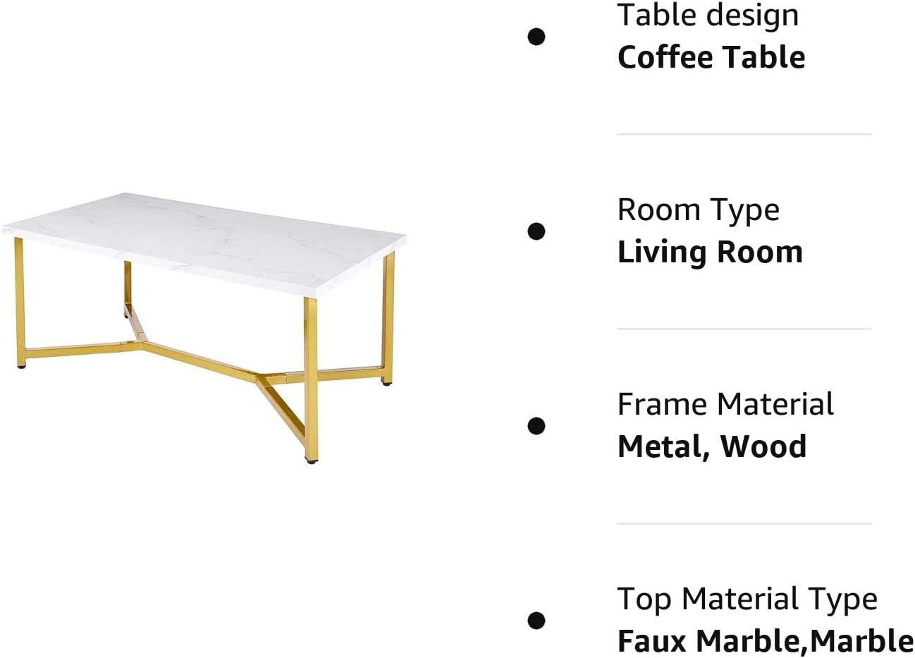 Life Concept Marble Gold Mid Century Modern Rectangle Coffee Table, White