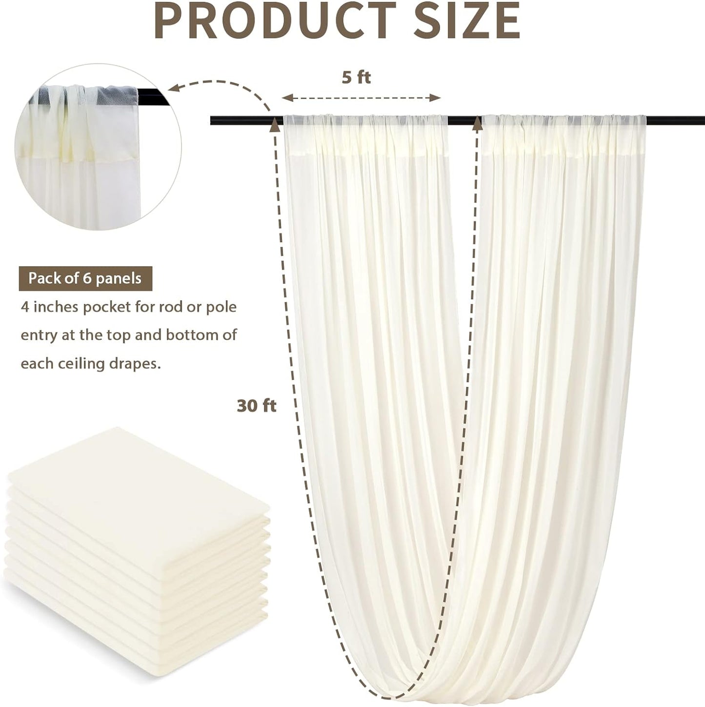 Ivory Ceiling Drapes 6 Panels 5ftx10ft Wedding Arch Draping Fabric Chiffon Wedding Drapes Curtain Decorations with Rod Pocket