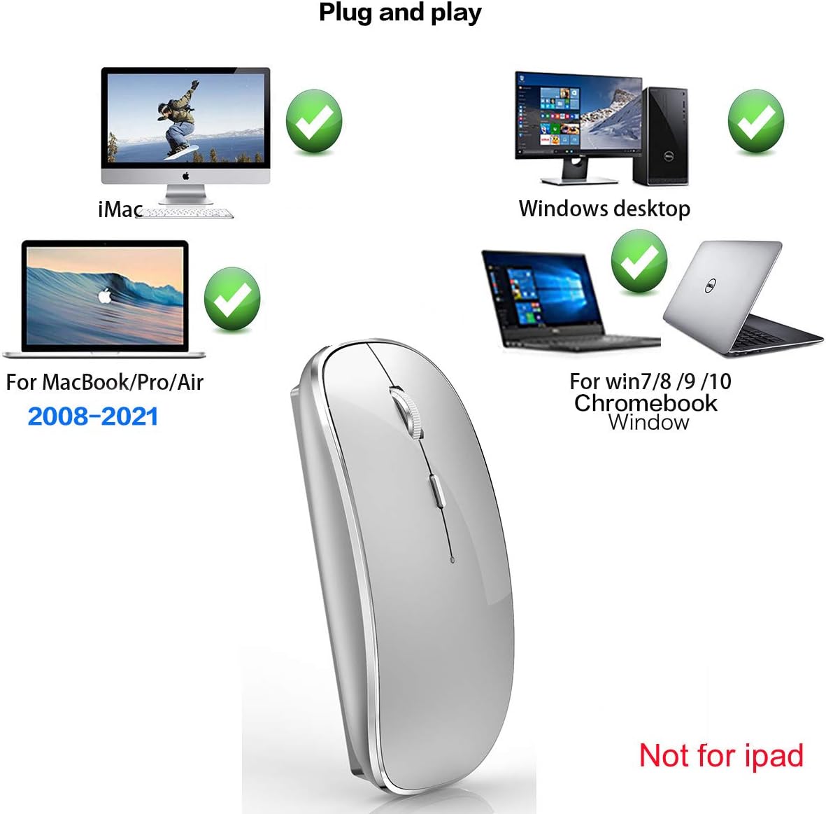 Wireless Mouse for MacBook Pro MacBook Air MacBook Laptop Mac iMac Desktop Computer Chromebook Win7/8/10/11 PC HP Dell Laptop (Blue)