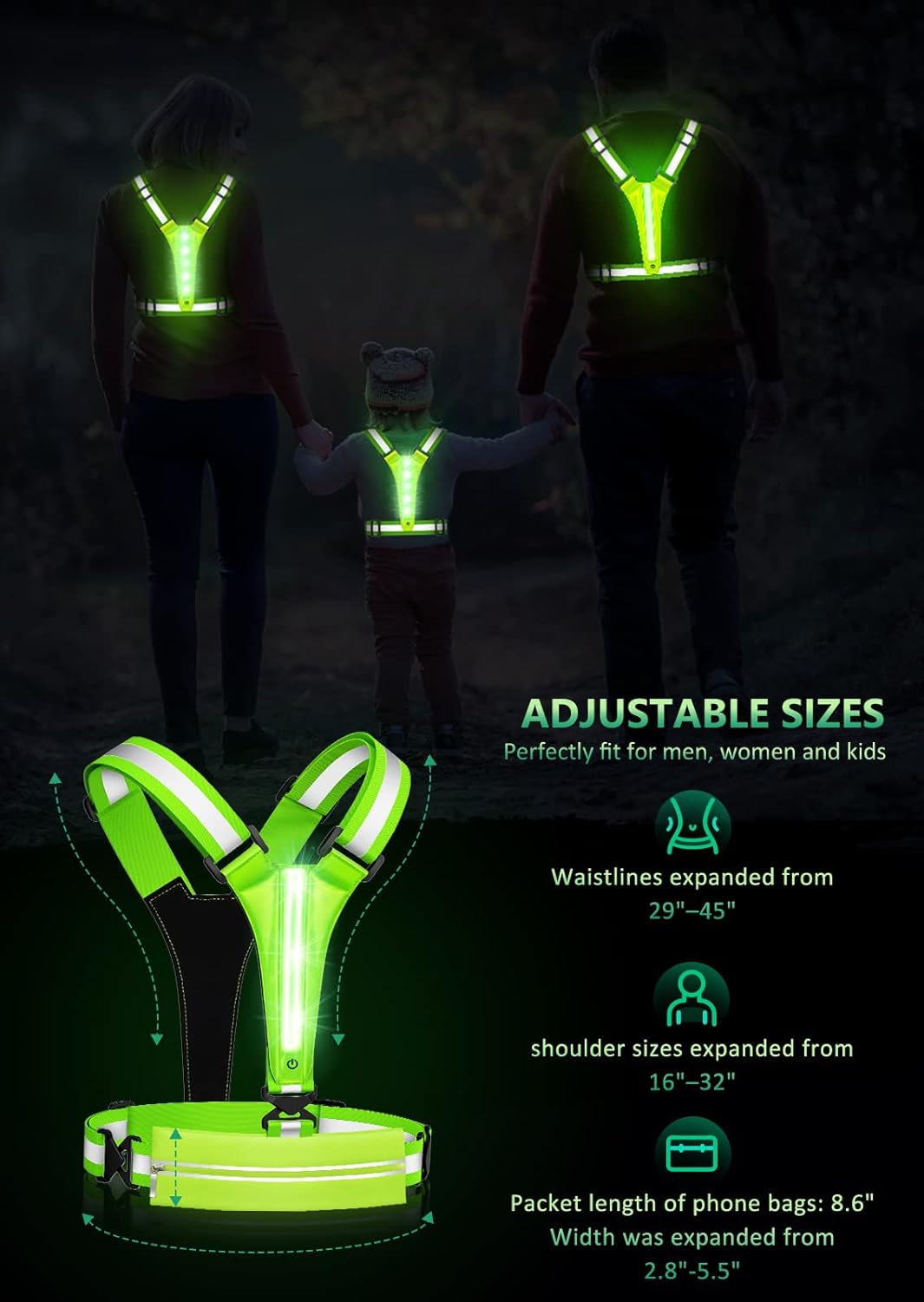 LED Reflective Vest Running Gear, USB Rechargeable Light Up Running Vest