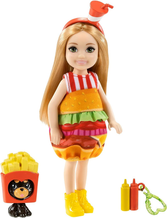 Barbie Club Chelsea Dress-Up Doll (6-inch Blonde) in Burger Costume with Pet and Accessories