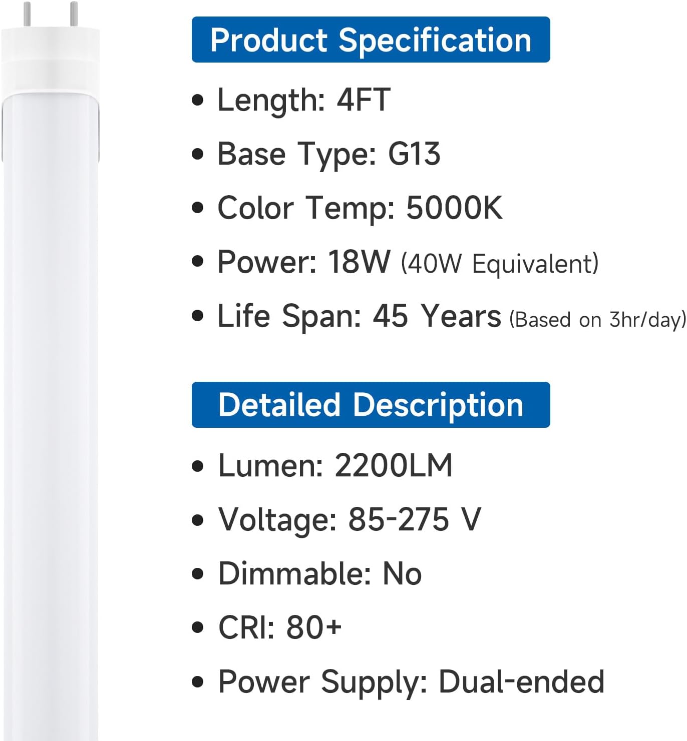 SHINESTAR 24-Pack T8 LED Bulbs 4 Foot, Tube Lights 18W 5000K Daylight