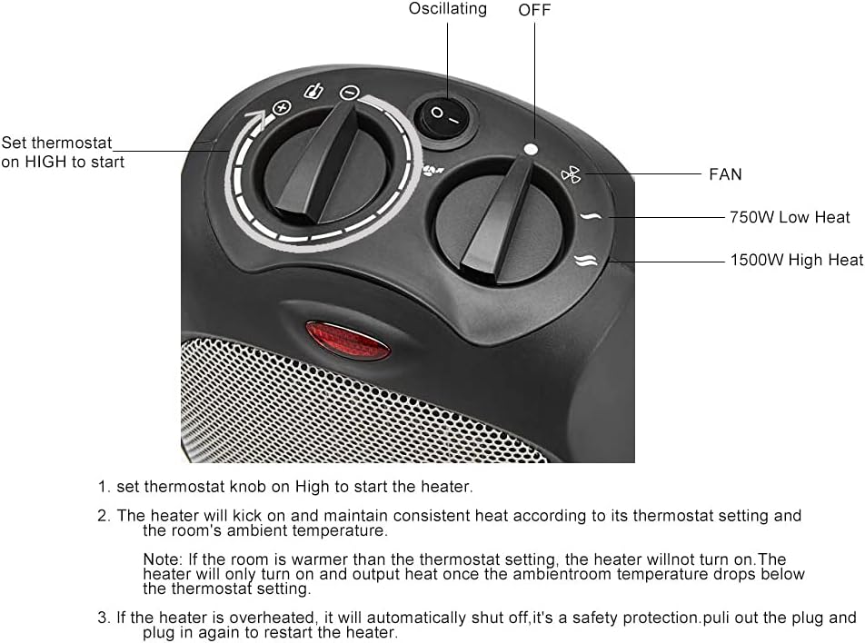 Amazon Basics 1500W Oscillating Ceramic Heater with Adjustable Thermostat, Black