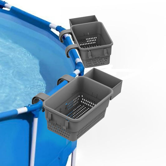 2 Sets Poolside Storage Basket, Stretchable Pool Toy Basket with Cup Holder Hooks(Deep Grey)