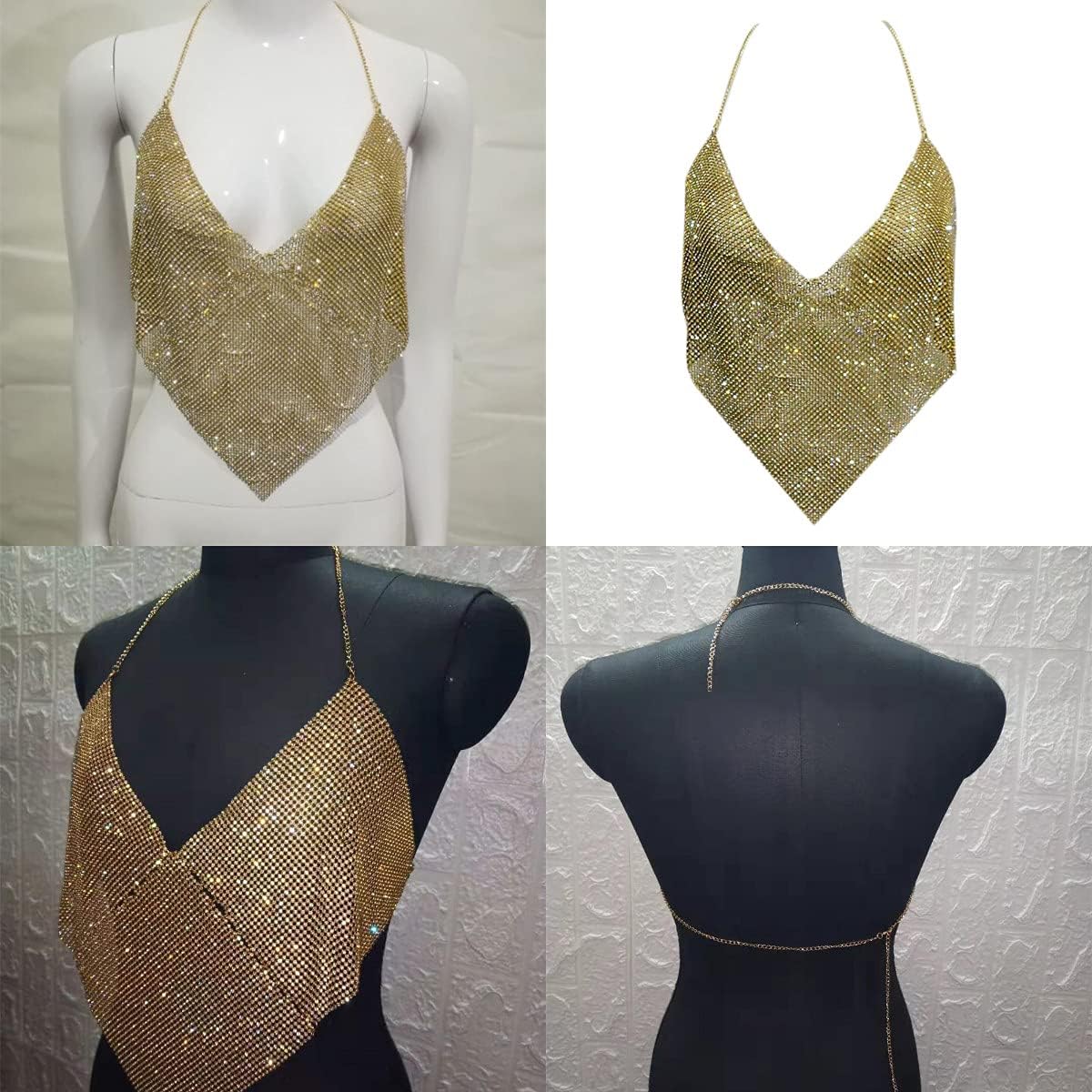 Women Sexy Shiny Rhinestone Tank Top Deep V Neck Halter Metal Body Chain Crop Top Shirt for Night Club Party Rave Outfit Gold