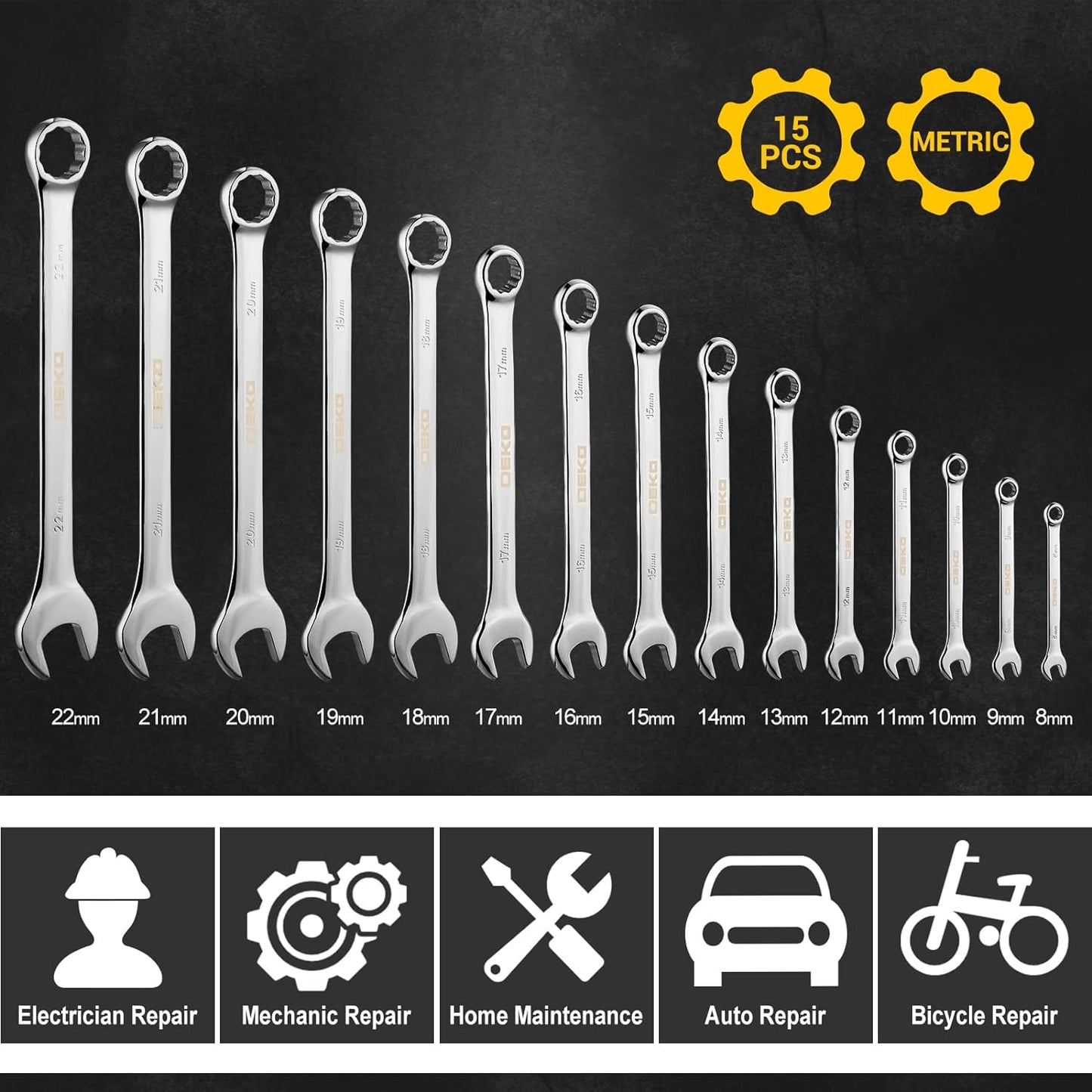 DEKOPRO Combination Wrench Set, Metric, 15-piece, 8-22mm, 12-Point