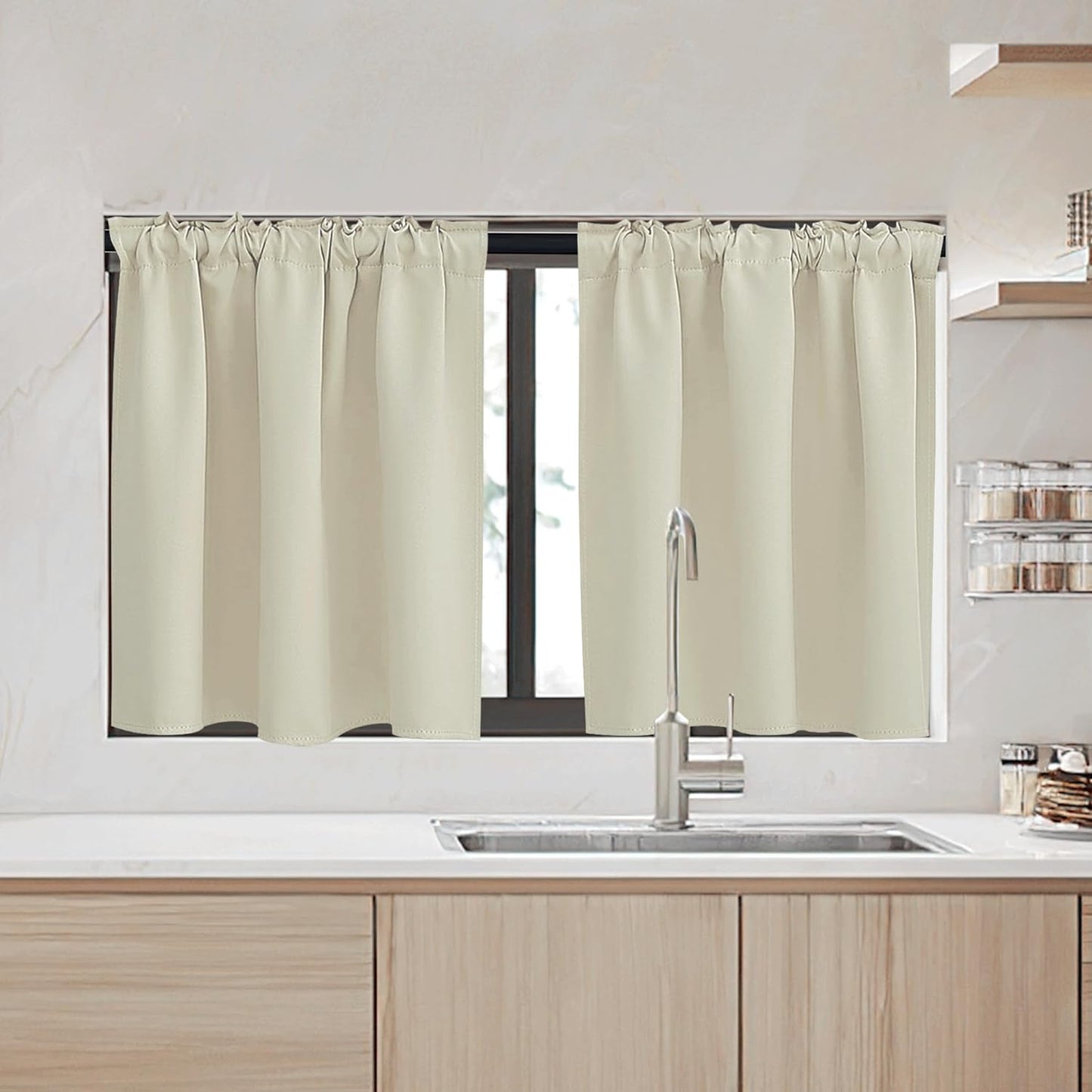 Kitchen Window Curtains - W 34 x L 36 inches, 2 Panels, Biscotti Beige