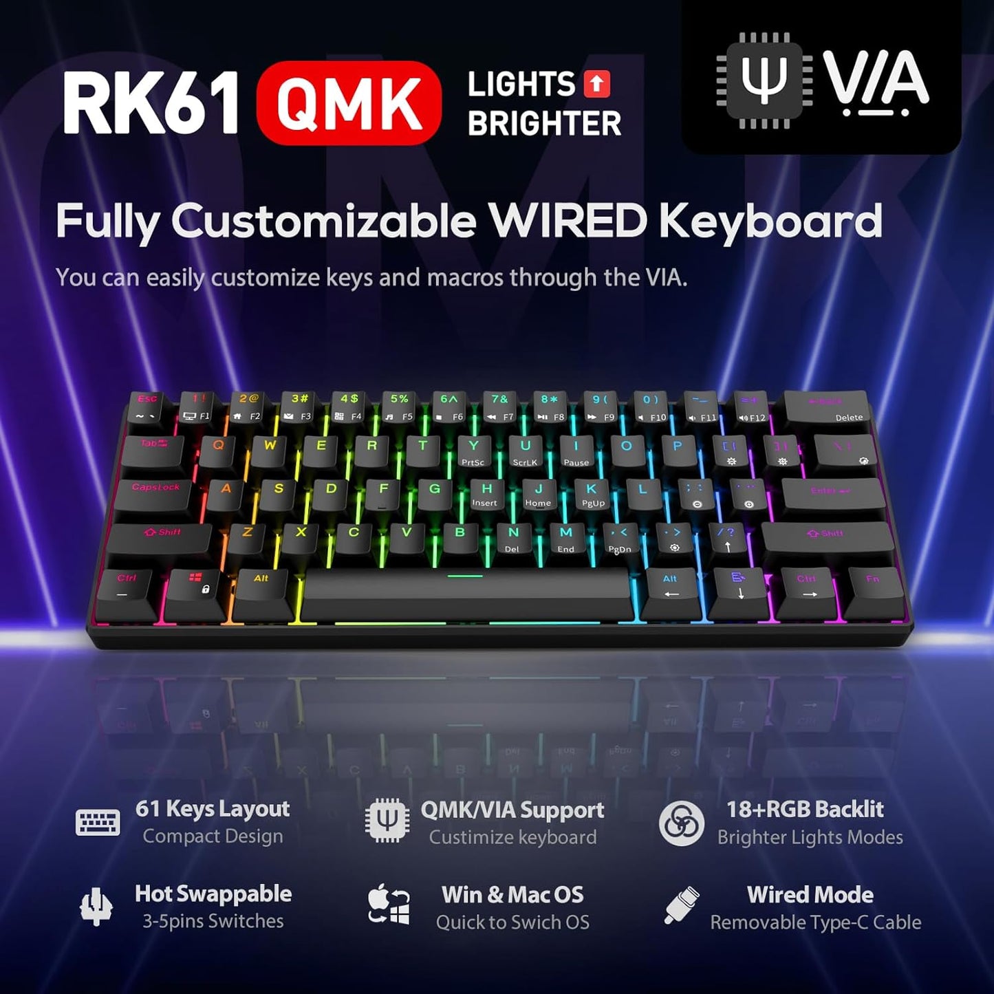 RK ROYAL KLUDGE RK61 Wired 60% Mechanical Gaming Keyboard Programmable Black