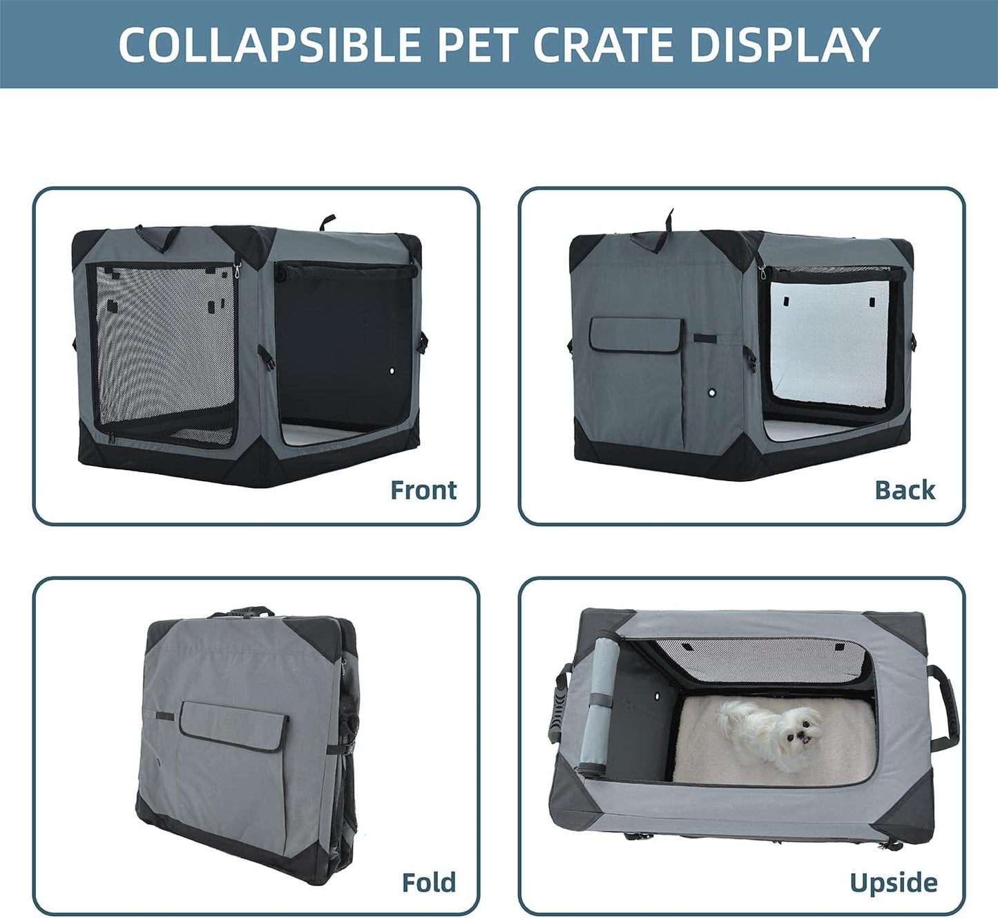 Pettycare Collapsible Crate for Large Dogs, 4-Door Foldable Soft Kennel with Chew Proof Mesh Windows for Indoor & Outdoor Travel