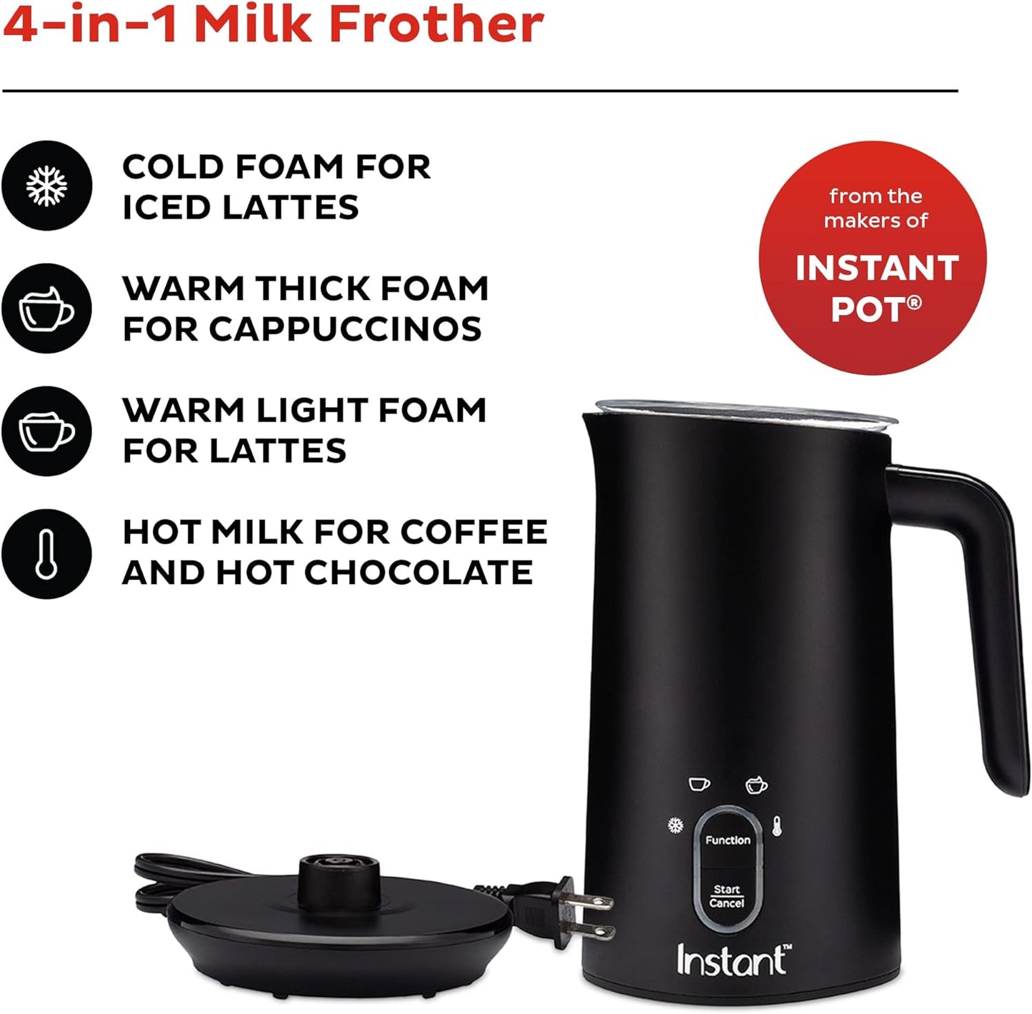 Instant Pot Milk Frother, 4-in-1 Electric Milk Steamer,  Black