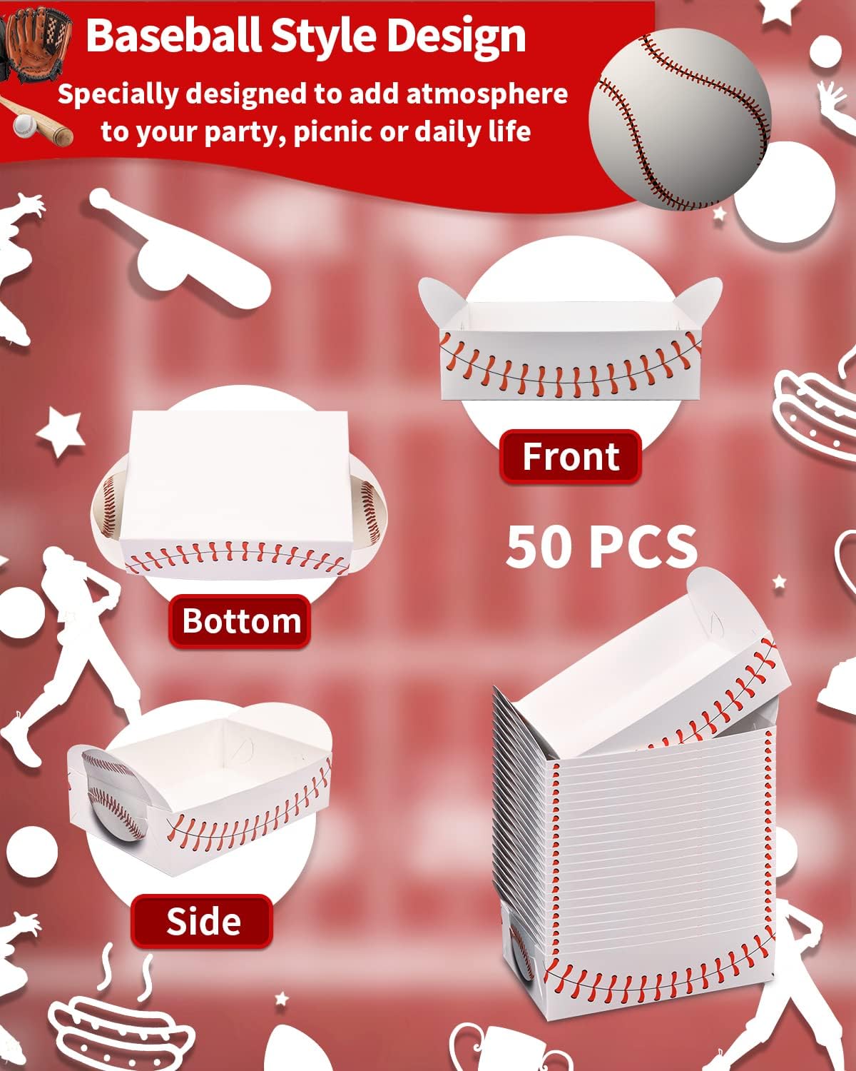 50 Pack Baseball Party Supplies Paper Food Trays Disposable