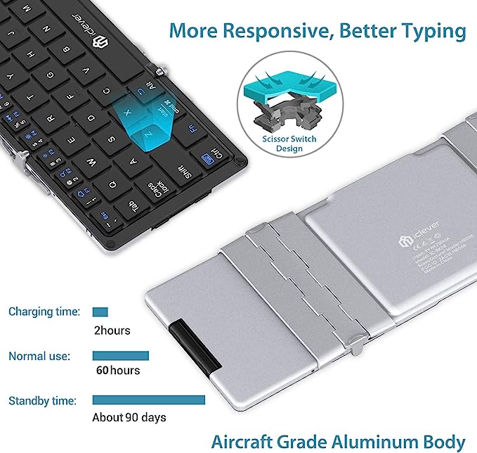 Foldable Keyboard Bluetooth, iClever BK08 Folding Keyboard with Touchpad, Aluminum Build, Multi-Devices Travel Keyboard, USB-C Charge Keyboard with Stand Holder for iPad, iPhone, Smartphone and Tablet