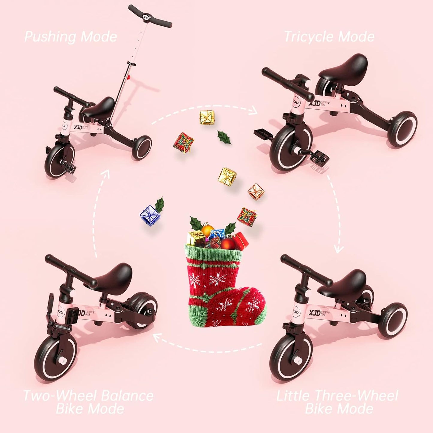 XJD 7 in 1 Toddler Bike with Push Handle,1 to 3 Years Old Pink