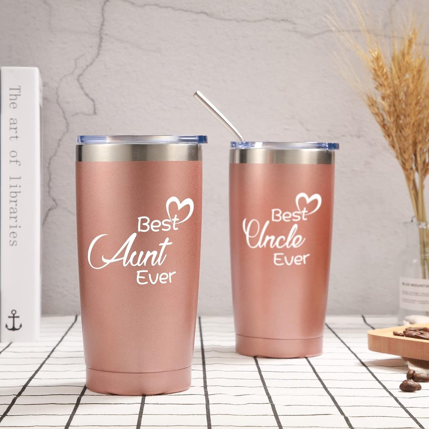 2 Pieces Aunt Uncle Travel Tumblers Gift,  20 oz Stainless Steel Mug Tumbler with Lid Straw (Rose Gold)