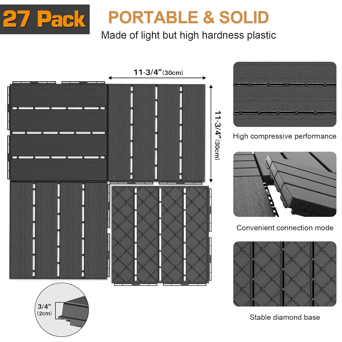 27 sq. ft Plastic Interlocking Deck Tiles，27PCS  12"x12" Dark Grey
