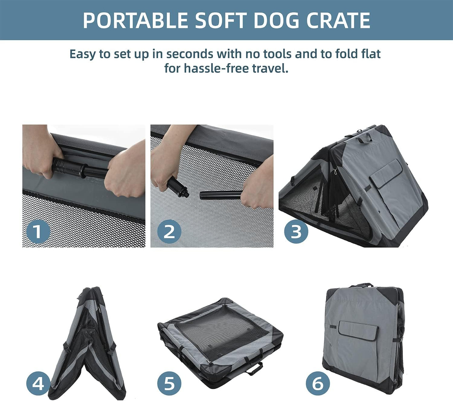 Pettycare Collapsible Crate for Large Dogs, 4-Door Foldable Soft Kennel with Chew Proof Mesh Windows for Indoor & Outdoor Travel