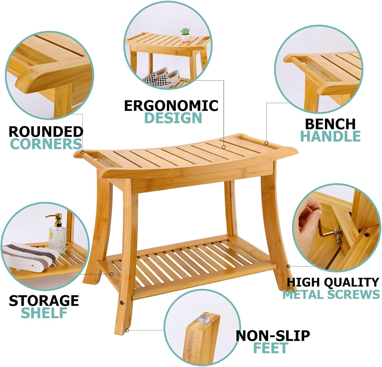 Bamboo Shower Bench & Stool with Storage Shelf, Bath Benches for Inside Shower