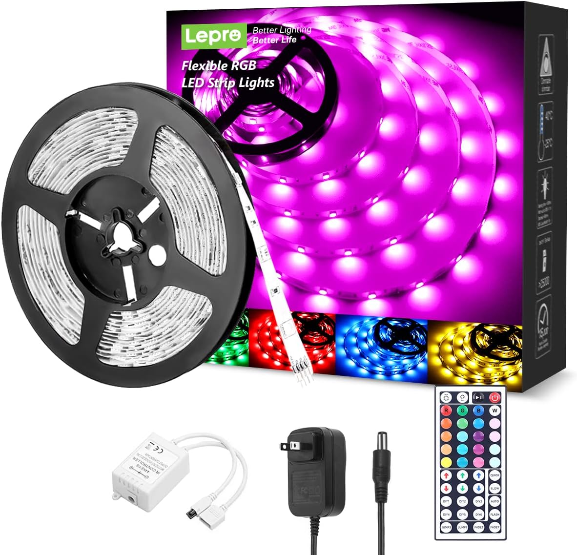 Lepro RGB LED Light Strips 32.8ft Color Changing Tape Light with 44 Key Remote
