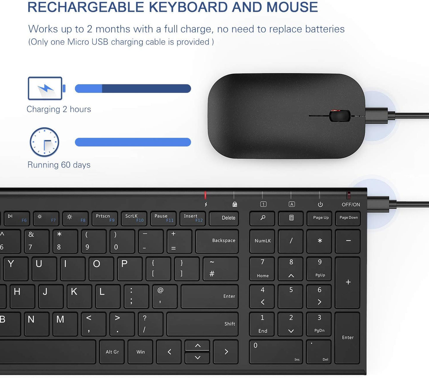 Seena Rechargeable Wireless Keyboard Mouse Slim Thin Low Profile Keyboard for Windows 7/8/10/11 PC Laptop Computer