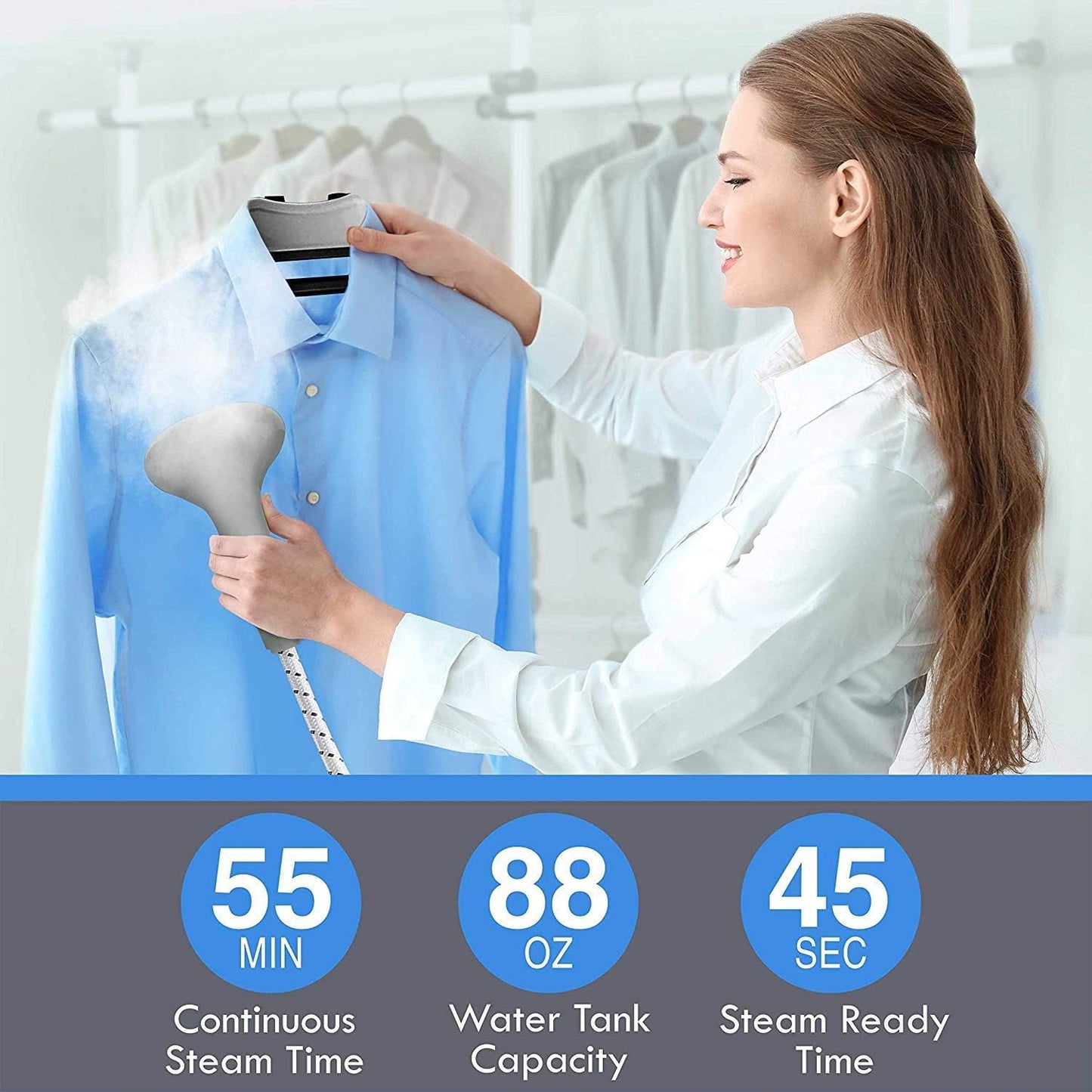 PurSteam Standing Garment Steamer with Wheels, 1h+ of Continuous Steam, Ironing Board