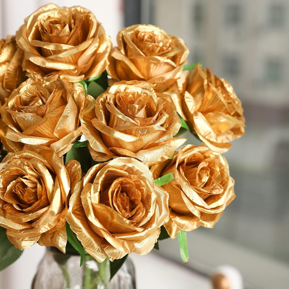 10Pcs Artificial Silk Gold Roses Flowers