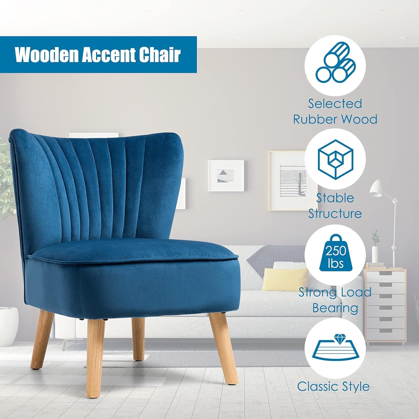 Armless Accent Chair, Velvet Modern Chair Wood Legs