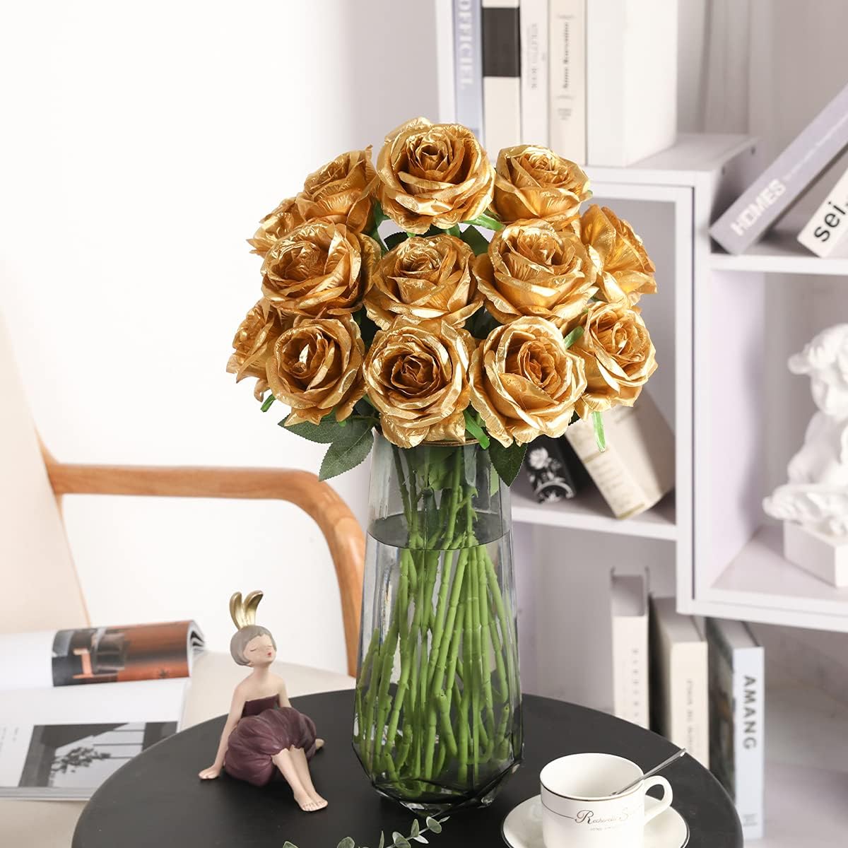 10Pcs Artificial Silk Gold Roses Flowers