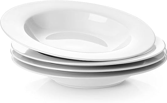 Y YHY Soup Bowls, Pasta Bowl Set of 4, White Shallow Bowl Plates, Porcelain Rimmed Bowls