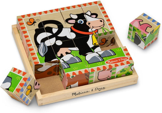 Melissa & Doug Farm Wooden Cube Puzzle With Storage Tray - 6 Puzzles in 1 (16 pcs) - Toddler Animal Puzzle