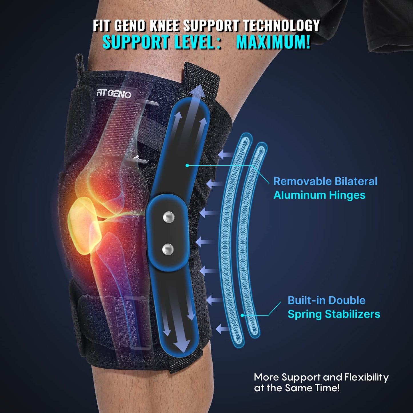 Fit Geno Hinged Knee Brace: Upgraded Support for Knee Pain w/Removable Dual Metal Hinges & Built-in Side Spring Stabilizers - Adjustable for Men and Women Surgery Recovery or Injury Prevention