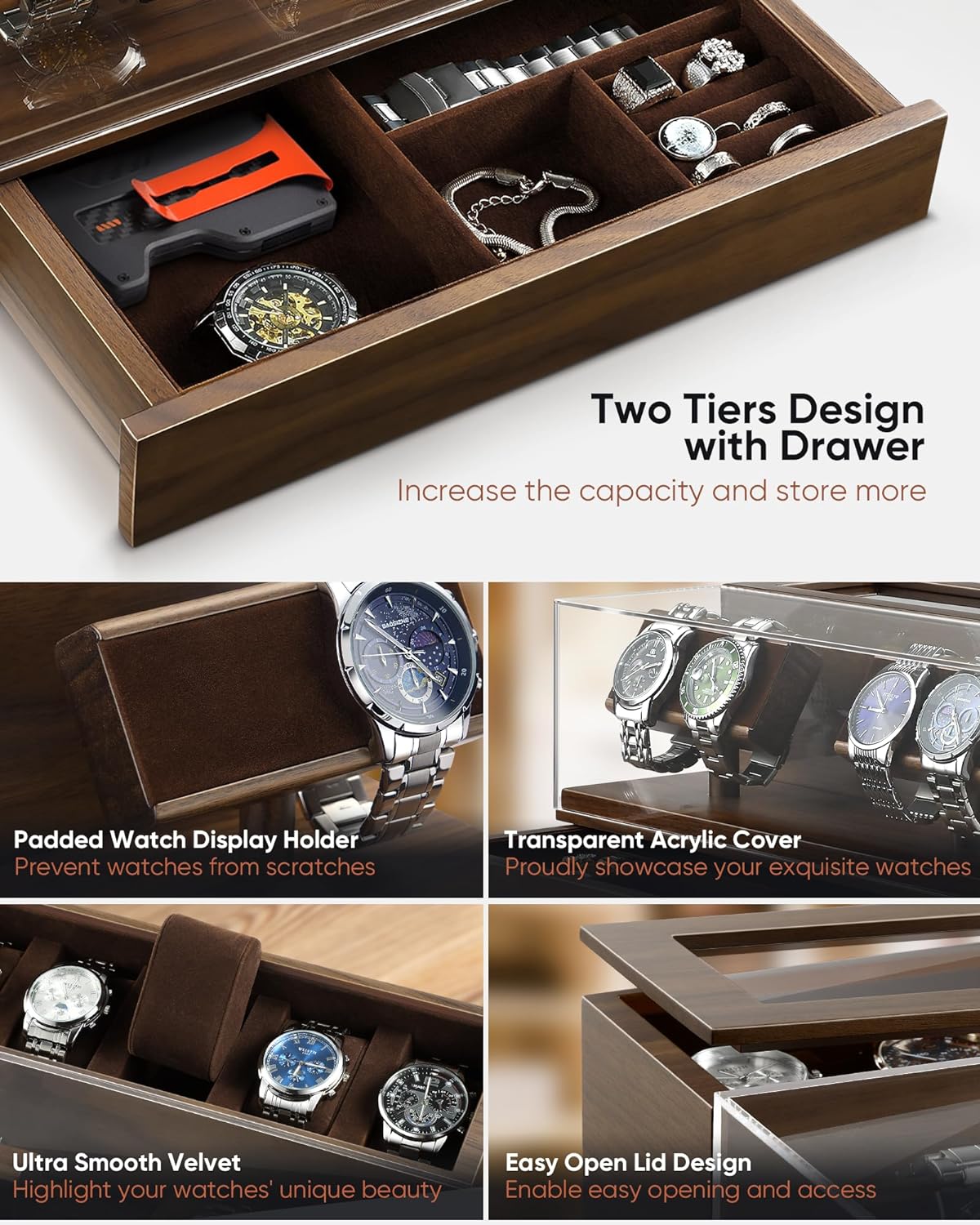 boxoon Men's Watch Display Case, 2 in 1 Premium Watch Box Organizer with Watch Holder and Drawer