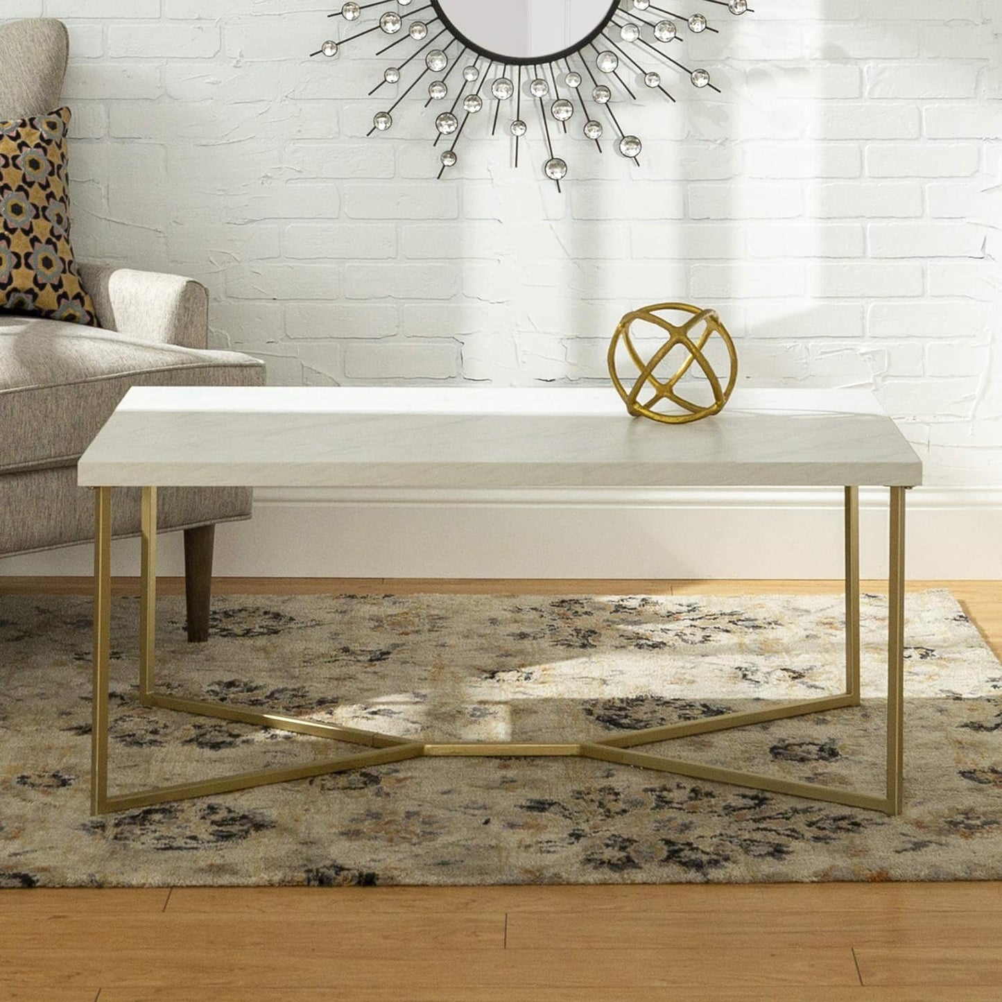 Walker Edison Mid Century Modern Marble Gold Rectangle Coffee Table Living Room