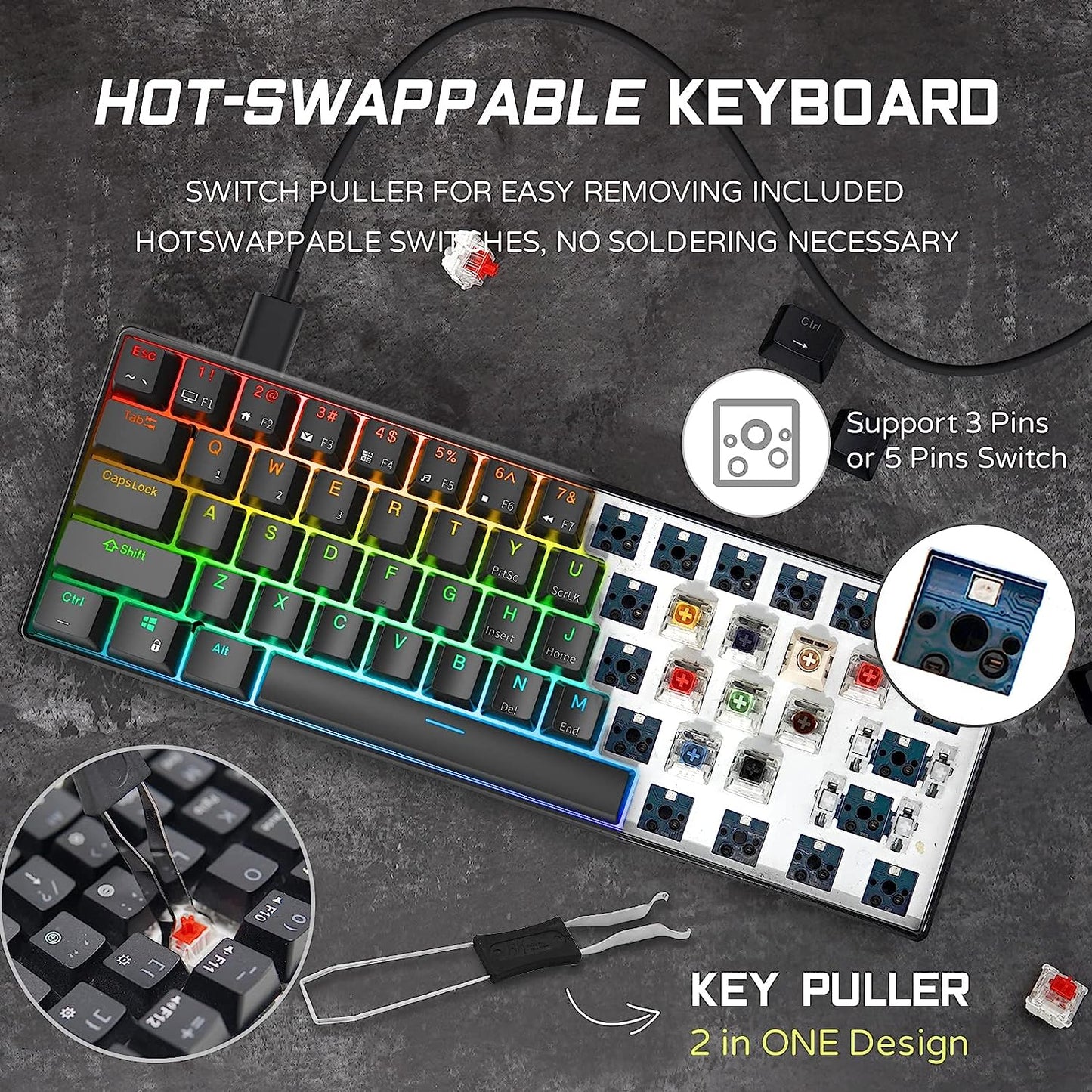 RK ROYAL KLUDGE RK61 Wired 60% Mechanical Gaming Keyboard Programmable Black