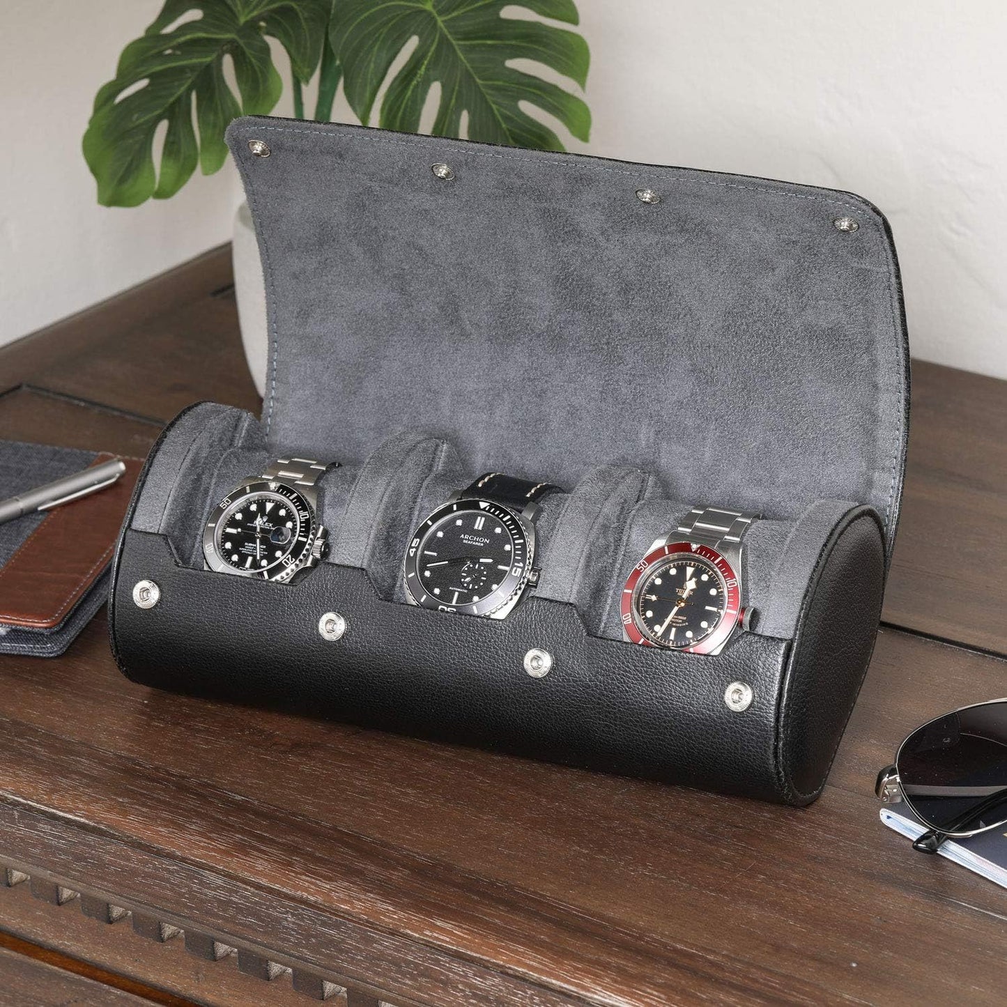 ROTHWELL Watch Roll Travel Case for 3 Watches | (Black/Grey)