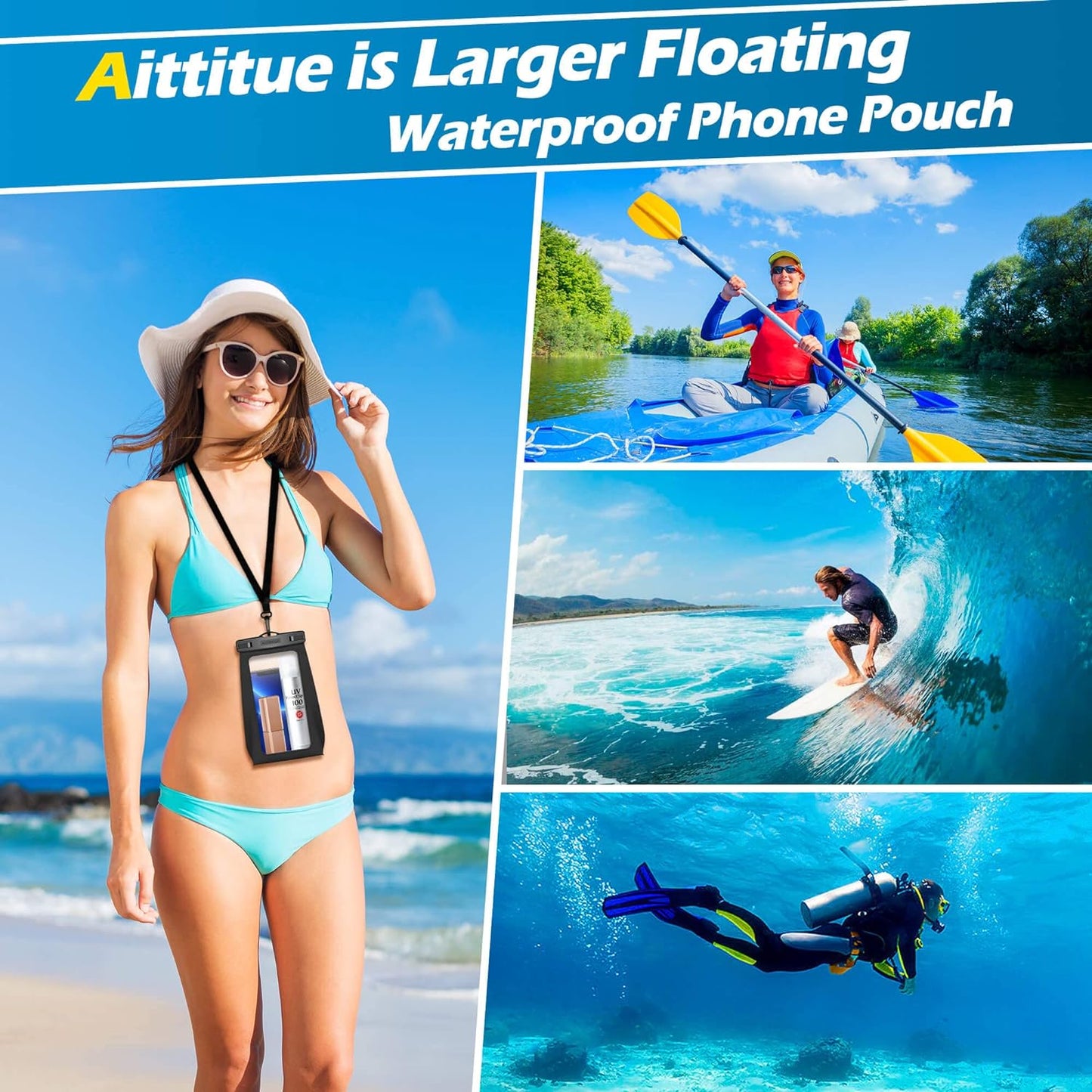 Aittitue Large Floating Waterproof Phone Pouch : 2 Pack Float Clear Cell Holder Protector with Lanyard