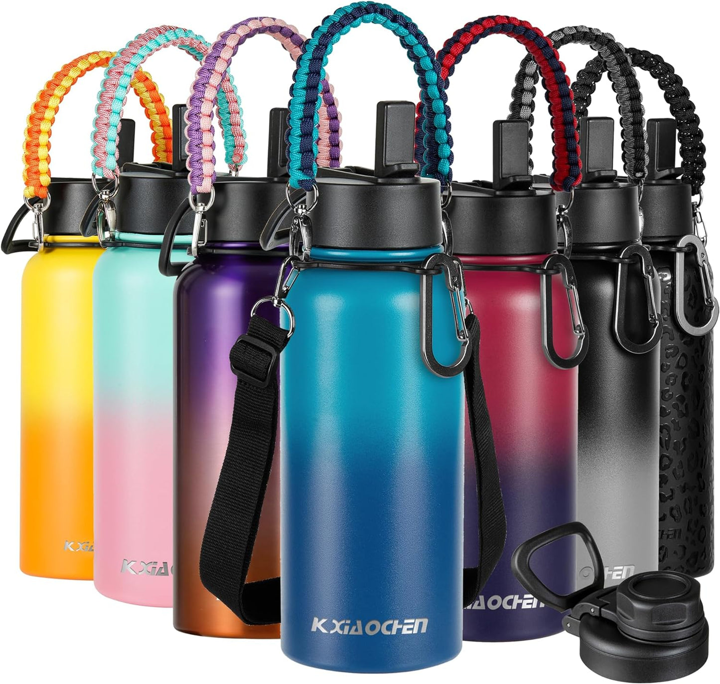32 oz Insulated Water Bottle with Paracord Handles & Strap, 2 Lids
