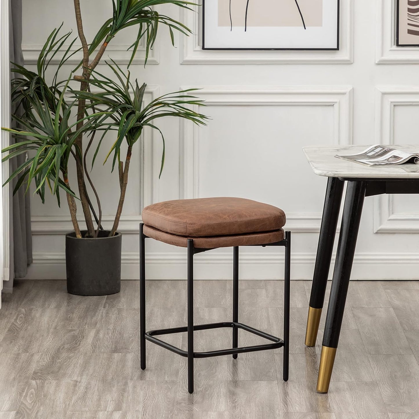 Wovenbyrd Modern Square Counter Stool with Metal Base and Legs