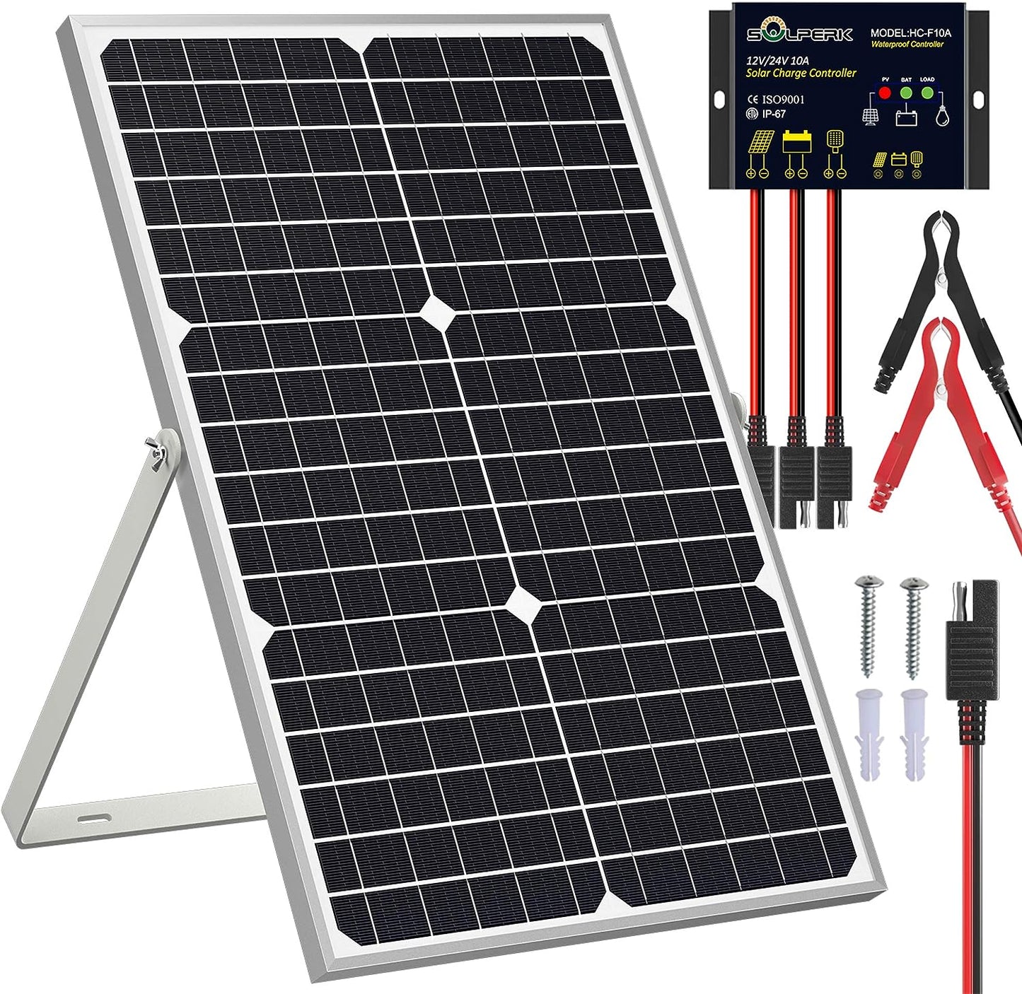 SOLPERK Solar Panel Kit 30W 12V, Solar Battery Trickle Charger Maintainer + Upgrade Waterproof Controller + Adjustable Mount Bracket