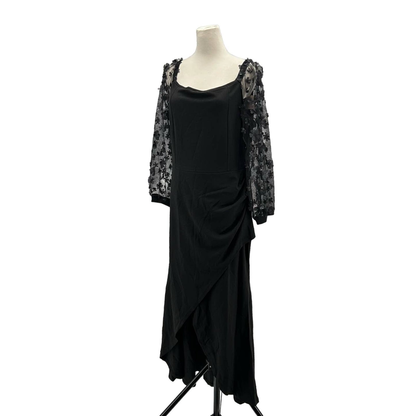 Off Shoulder Maxi Dress with Sheer Long Sleeves Black Front Cross "V" Split