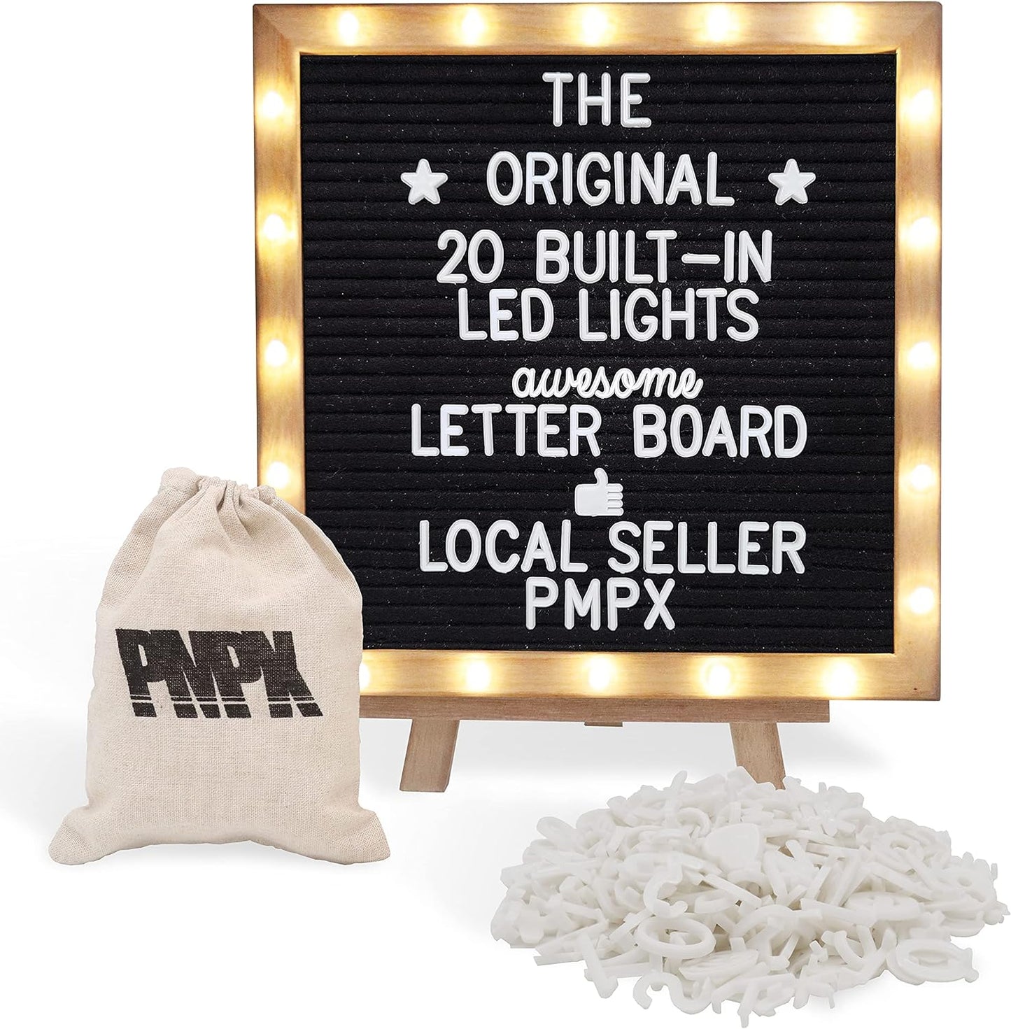 Letter Board The Original Black Felt Board with Stand, Built-in LED Lights 10 x 10