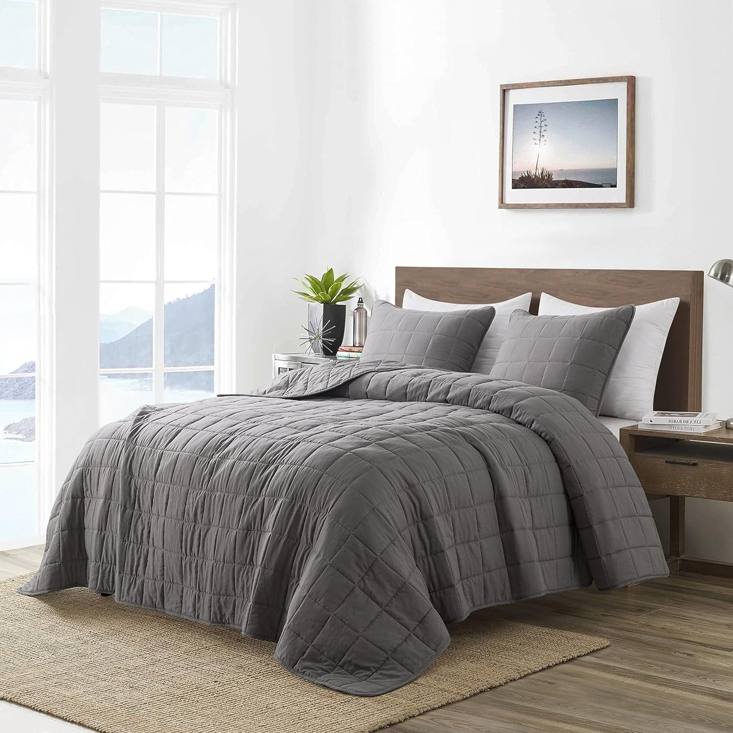 Dark Grey Quilt Twin Size Bedding Sets with Pillow Sham