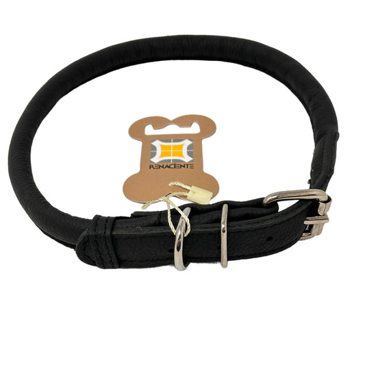 Rolled Leather Dog Collar Medium and Large Breeds - Soft and Padded Round Luxury Design W1/2" - L19-22, Black