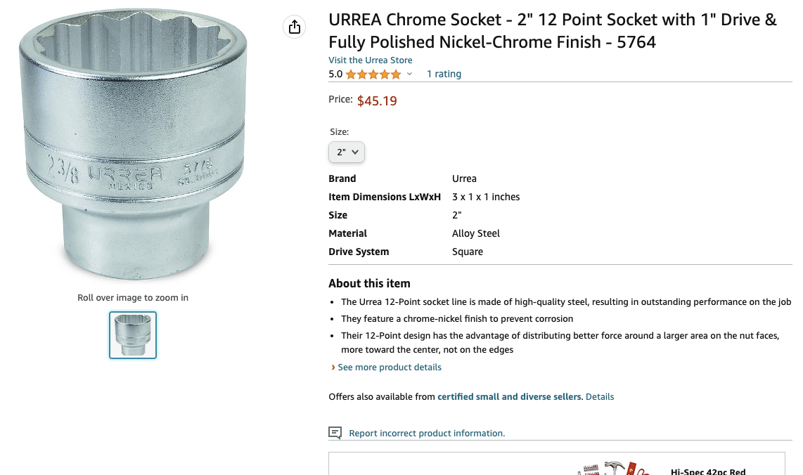 URREA 5764, 2" Chrome Socket, 1" Drive, 12-Point