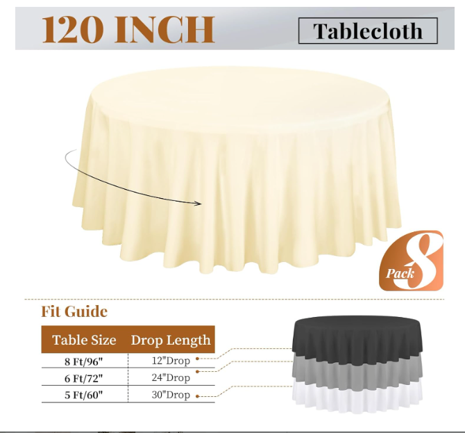 8 Pack 120 Inch Round Tablecloth, Beige Polyester Fabric Table Cloth for Round Table