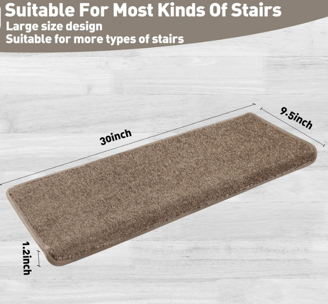 Bullnose Carpet Stair Treads Set Tape Free Non-Slip Indoor Stair Protectors  9.5" x 30"x1.2" (14 Pieces, Camel Brown)
