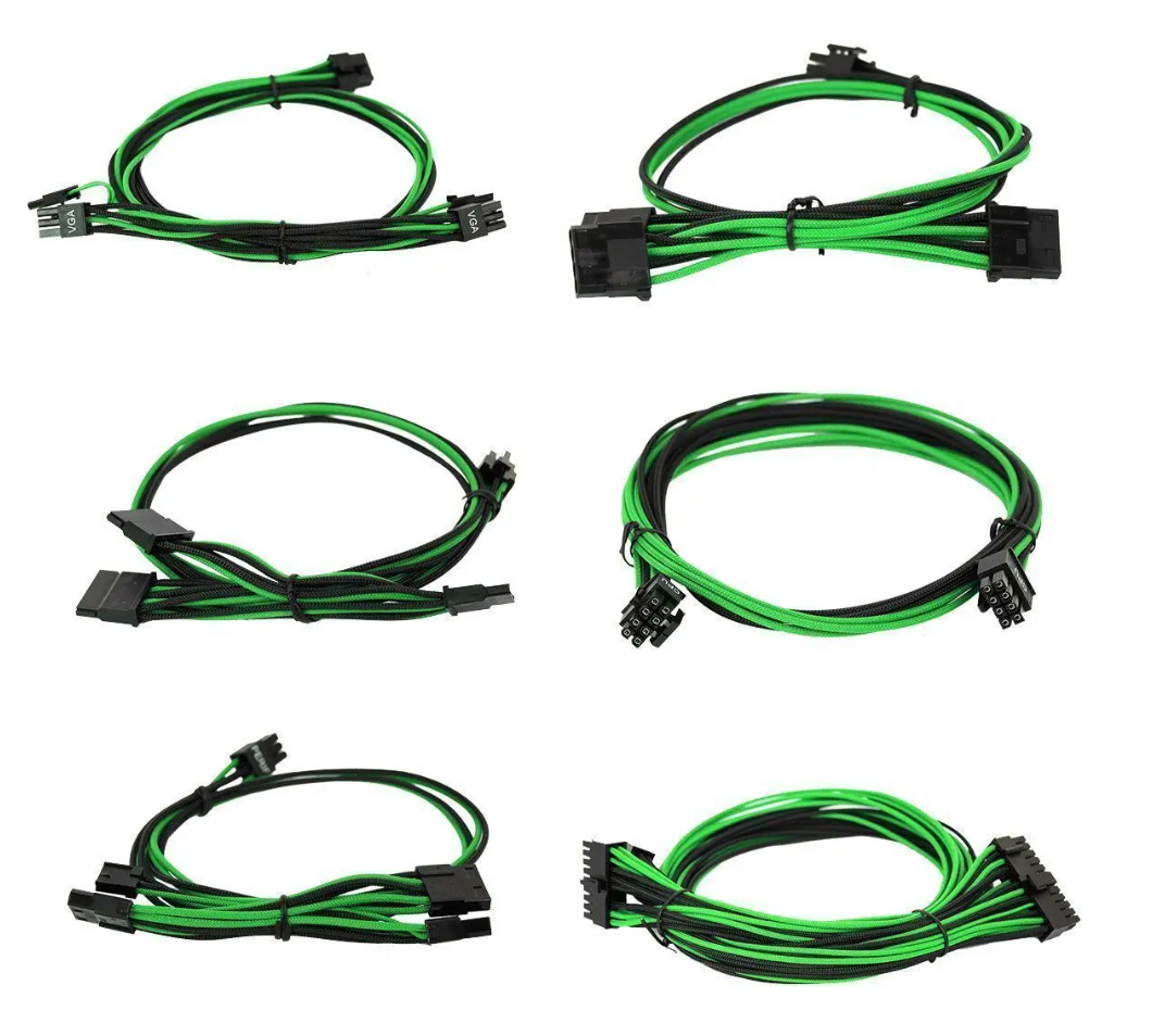 EVGA 550-650 G2/P2/T2 Green/Black Power Supply Cable Set (Individually Sleeved)