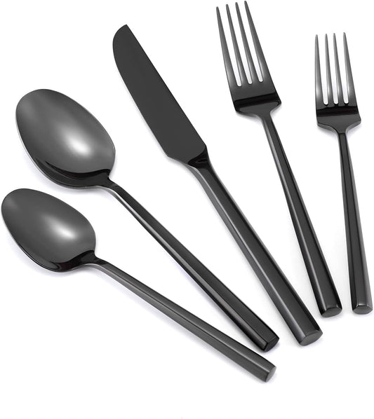 Kelenfer Flatware Set Black Silverware Set Stainless Steel Mirror Polished 20 Piece Cutlery Set with Hexagon Handle Service for 4