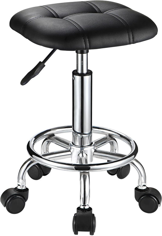 FNZIR Square PU Cushion Rolling Stool with Wheels Height Adjustable Swivel Stools Chair Black